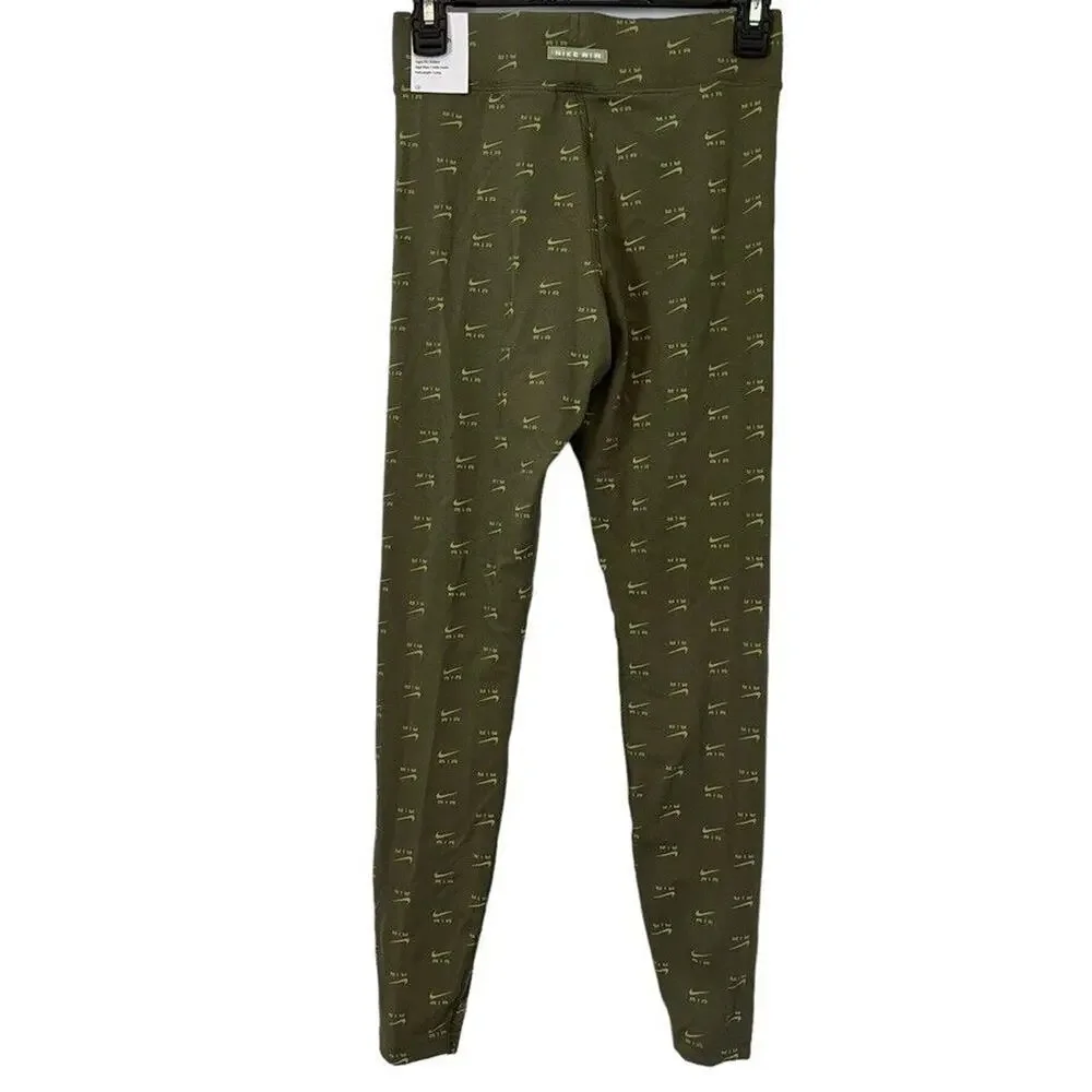 Nike High Waisted Print Leggings Pants Olive Green Spellout Logo Skinny NWT S